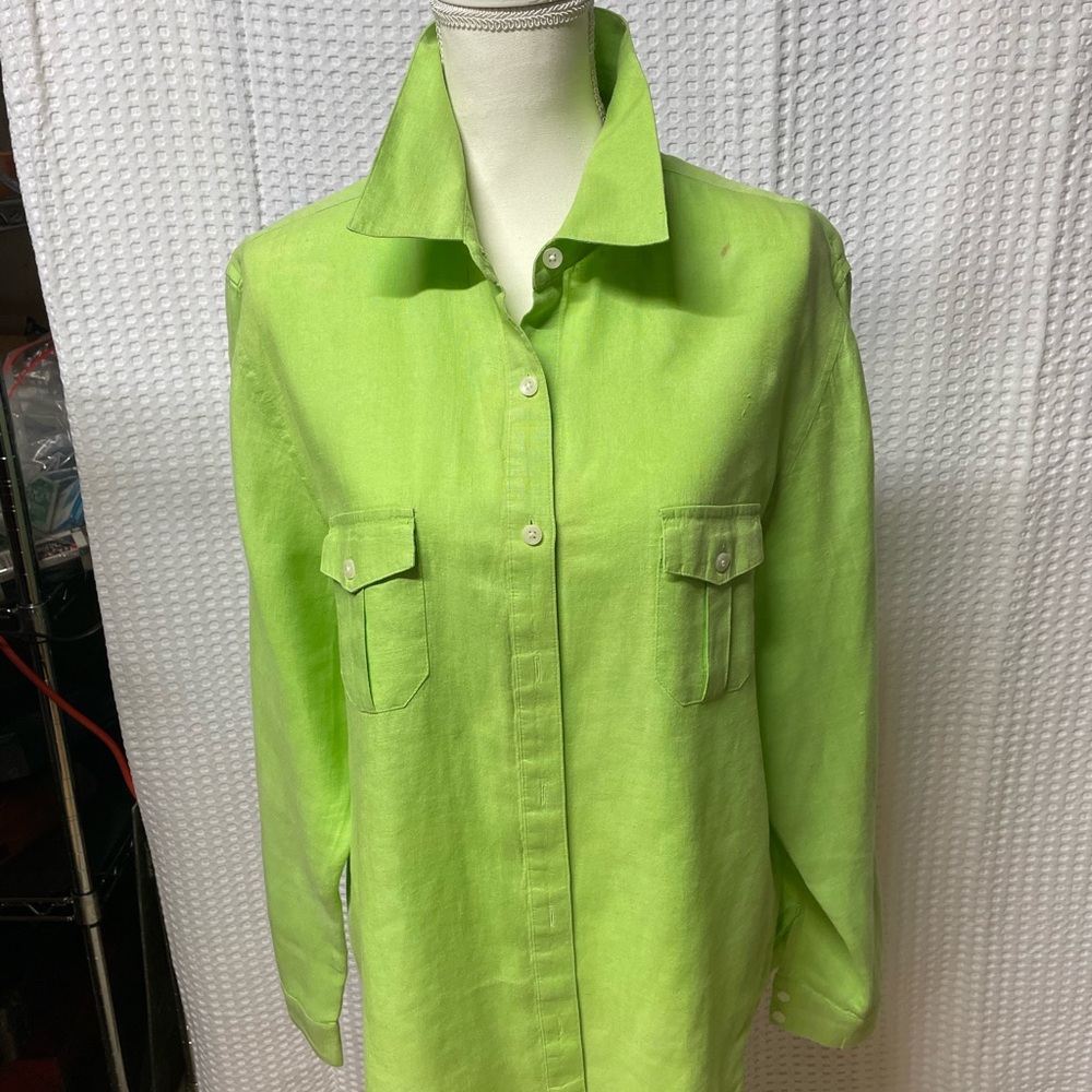 Talbots 100% Linen Blouse size XL lime summer green. Boyfriend style.